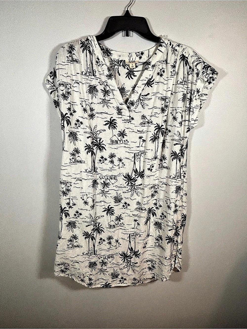 ana Linen Tropical Print Blouse in Cream & Black Size Small Like